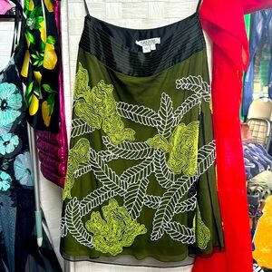 Kay Unger Green w/Black Sheer Beaded Floral Skirt